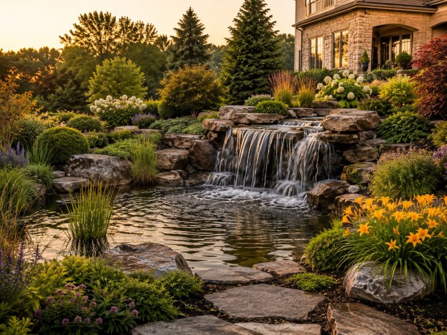 A landscaped backyard pond with a natural-stone waterfall, stepping stones, flowering plants, and dense greenery.