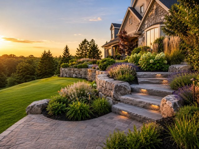A sloped residential landscape with broad stone steps, natural retaining walls, ornamental plants, and integrated lighting.
