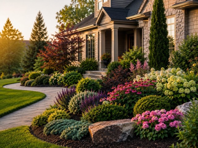 A curved residential planting bed with hydrangeas, pink and purple flowers, shrubs, mulch, and decorative stone.