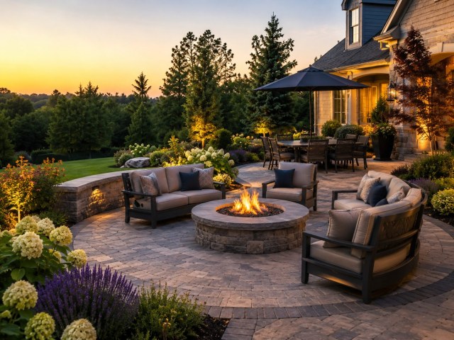 A finished stone patio with a circular fire pit, comfortable seating, dining space, and surrounding landscaping.
