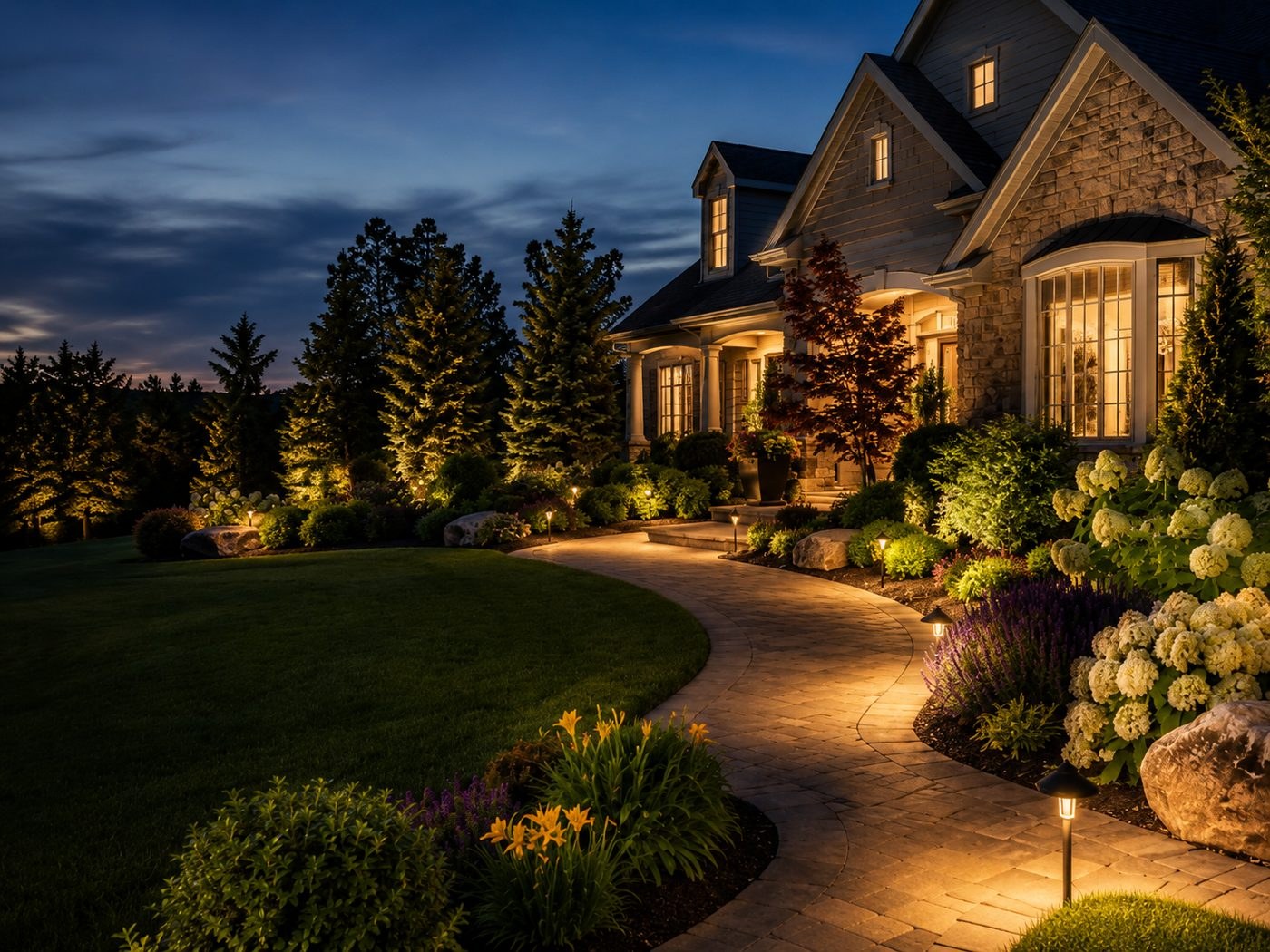 Warm landscape lighting along a curved walkway and planted front yard at dusk.