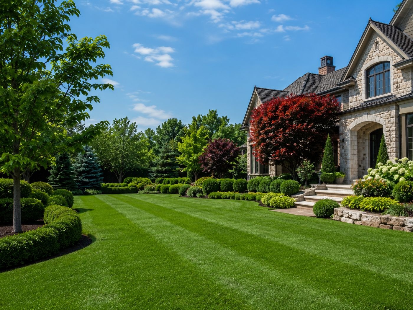 A manicured green lawn, ornamental trees, and professionally maintained residential landscape.